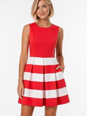Nine West Sleeveless Coral and White Striped A Line pleated Midi Cute Dress 10